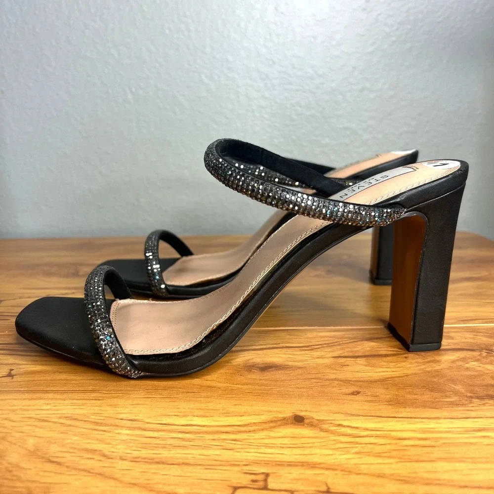 Steven New York Heel Sandals Women 11 Black Rhinestone Block Heel Square Toe